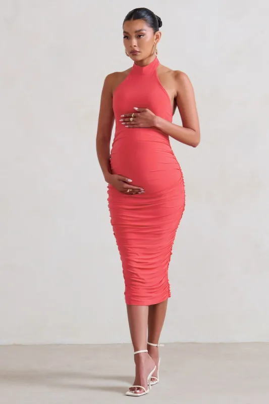 Chrissy | Coral Maternity Halterneck Ruched Midi Dress sold by Club L London