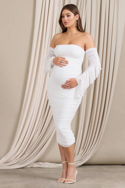 Aroma | White Ruched Mesh Maternity Midi Dress With Ruffled Sleeves sold by Club L London