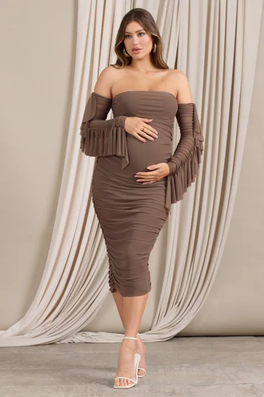 Aroma | Brown Ruched Mesh Maternity Midi Dress With Ruffled Sleeves sold by Club L London
