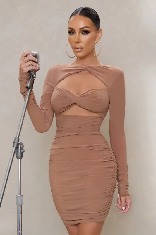 True Sensation | Sand Cut Out Long Sleeve Mini Dress sold by Club L London