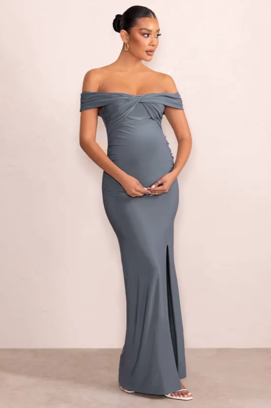 Kia | Dove Grey Twist Bardot Maternity Maxi Dress with Split sold by Club L London