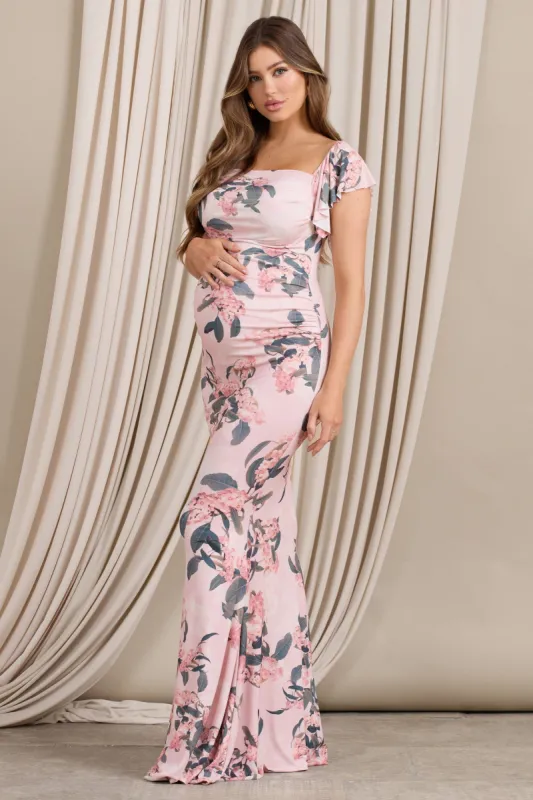 Merlot | Pink Floral Asymmetric Maternity Maxi Dress made by Club L London