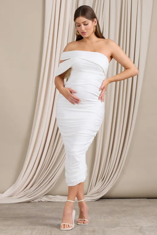 Cici | White Asymmetric Ruched Maternity Midi Dress sold by Club L London