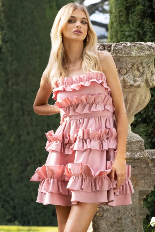 Rosette | Blush Ruffled Bandeau Mini Dress sold by Club L London