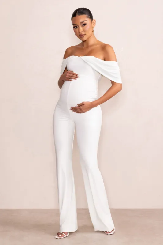 Renata | White Draped Sleeve Bardot Maternity Jumpsuit sold by Club L London
