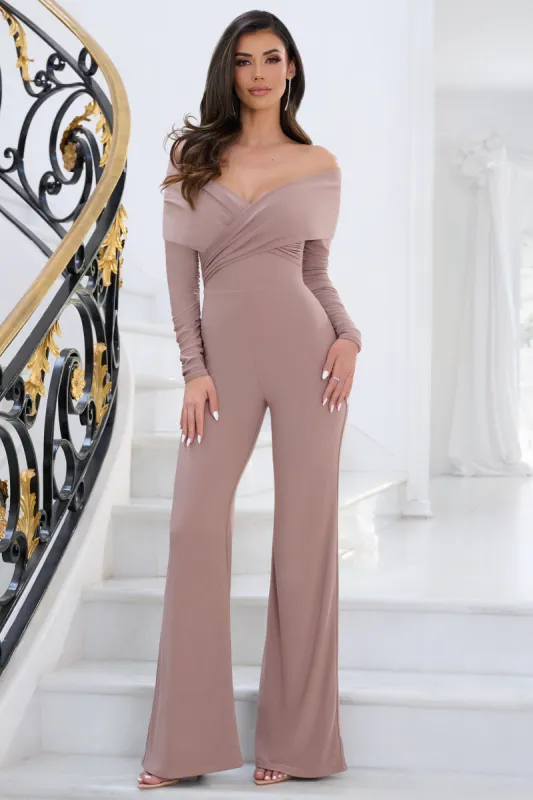 Hand On Heart | Light Mocha Twist Front Bardot Long Sleeve Jumpsuit made by Club L London