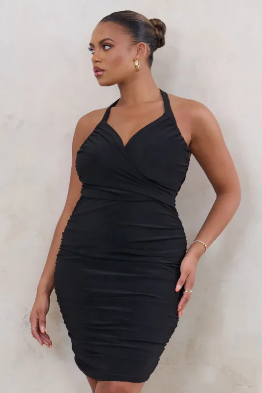 All Or Nothing | Plus Black Halterneck Ruched Mini Dress sold by Club L London