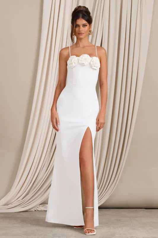Buttercup | White Strappy Floral Split Maxi Dress sold by Club L London
