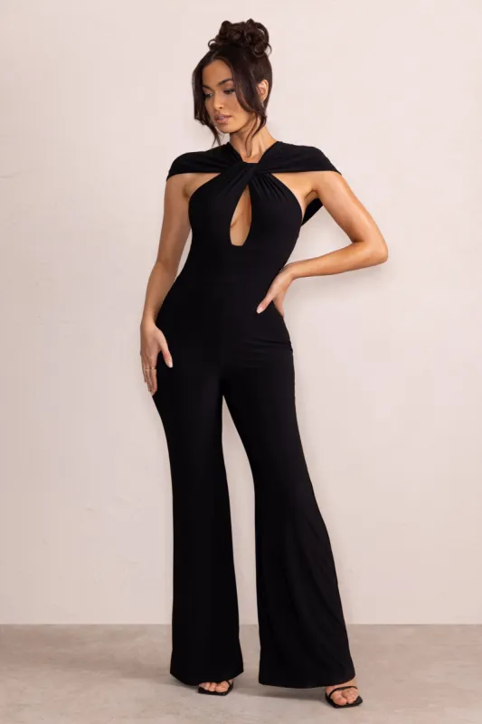 Irie | Black Twist Neck Cut Out Wide Leg Jumpsuit sold by Club L London