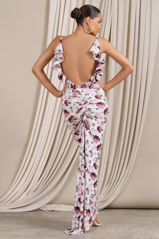 Flute | White Floral Bodycon Maxi Dress With Ruched Ruffled Back sold by Club L London