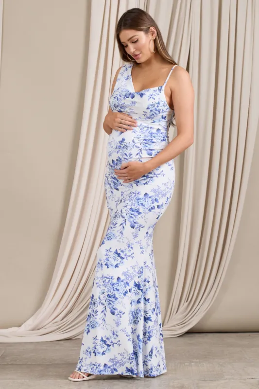 Phantasy | Blue Floral Maternity Cowl Neck Maxi Dress sold by Club L London