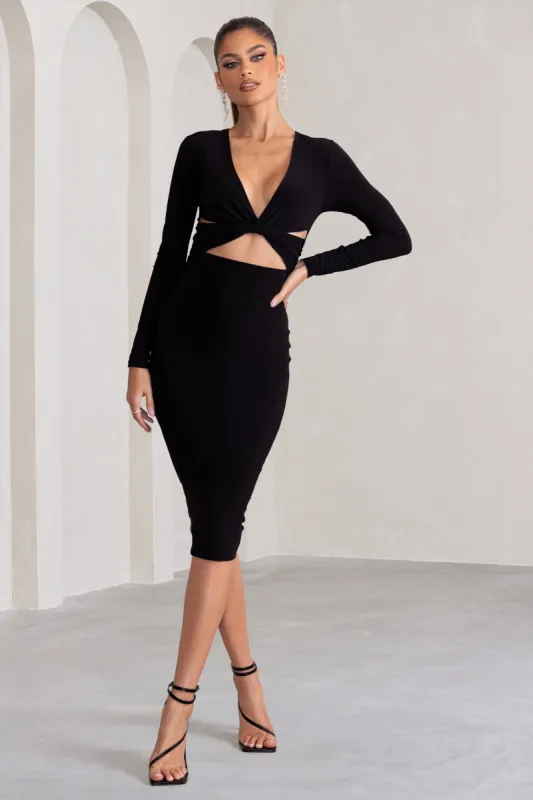 Julieta | Black Plunge Neck Long Sleeve Ruched Midi Dress With Cut Out Detail sold by Club L London
