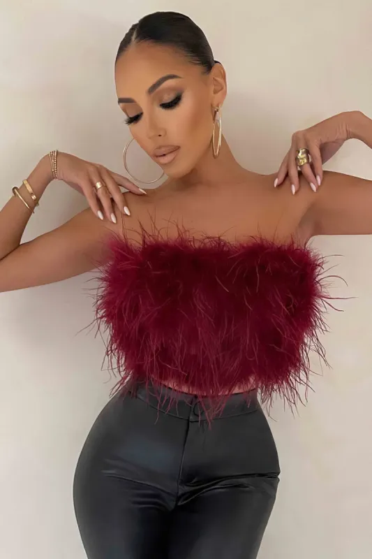 Dream Daze | Berry Feather Bandeau Crop Top sold by Club L London