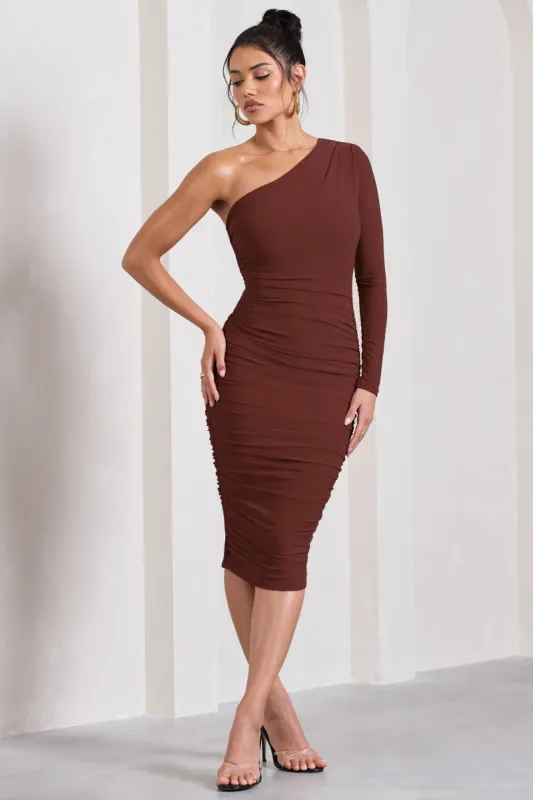In The Shadows | Brown One Shoulder Midi Dress With Ruching sold by Club L London