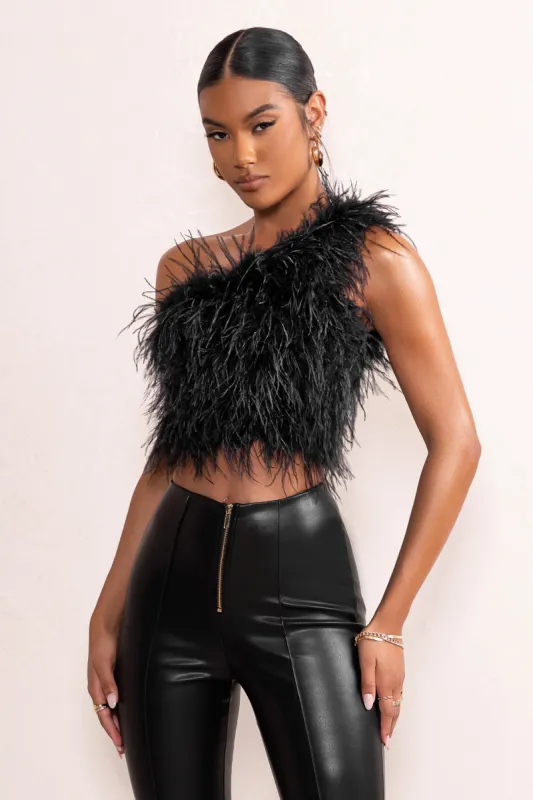 Ivey | Black One Shoulder Feather Crop Top sold by Club L London