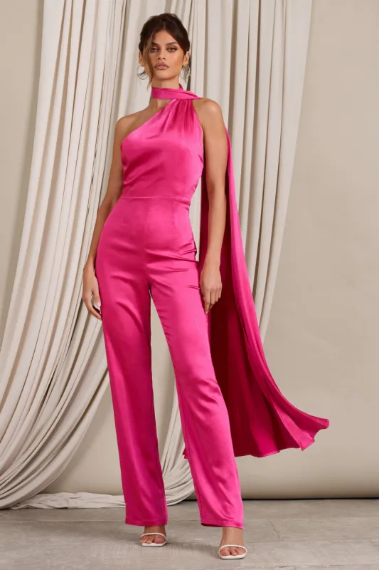 Cascada | Hot Pink Satin Wide Leg Jumpsuit With Statement Scarf Neck sold by Club L London