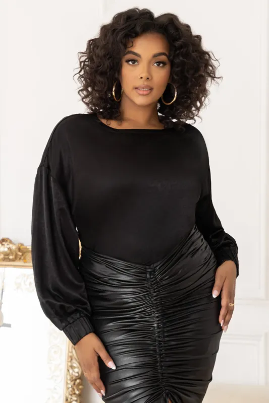 Smooth Talk | Plus Black Oversized Long Sleeve Satin Top sold by Club L London