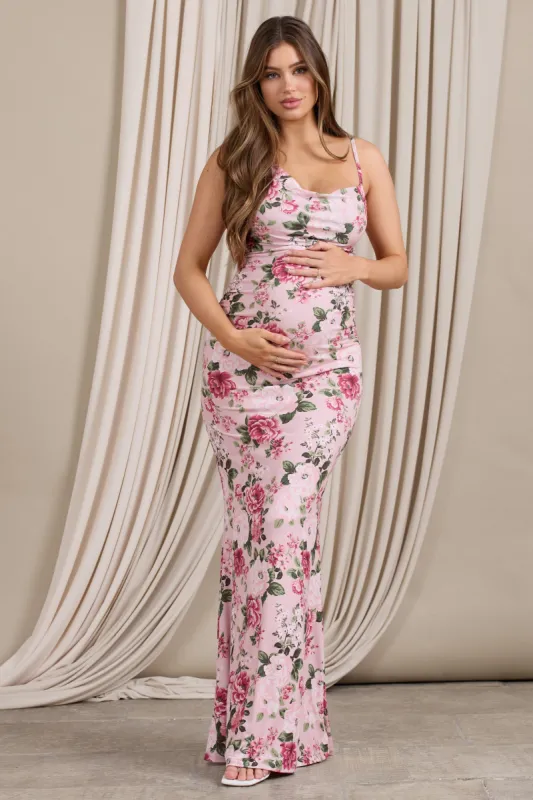 Phantasy | Pink Floral Maternity Cowl Neck Maxi Dress sold by Club L London