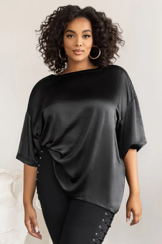 Day Dreaming | Plus Black Satin Relaxed Tee sold by Club L London