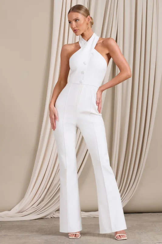 Don't Cross Me | White Halter Neck Tailored Buttoned Sleeveless Jumpsuit sold by Club L London