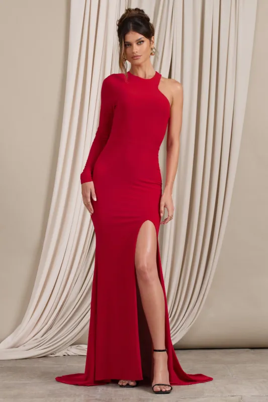 Toya | Red Asymmetric Split Maxi Dress made by Club L London