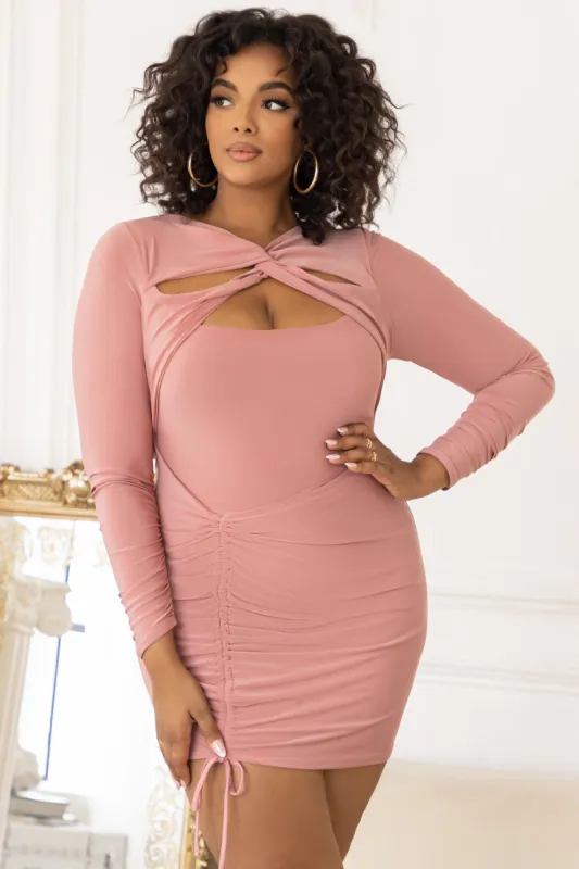 Happy Hour | Plus Dusty Rose Twist Front Ruched Mini Dress sold by Club L London
