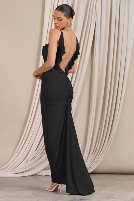 Flute | Black Bodycon Maxi Dress With Ruched Ruffled Back made by Club L London