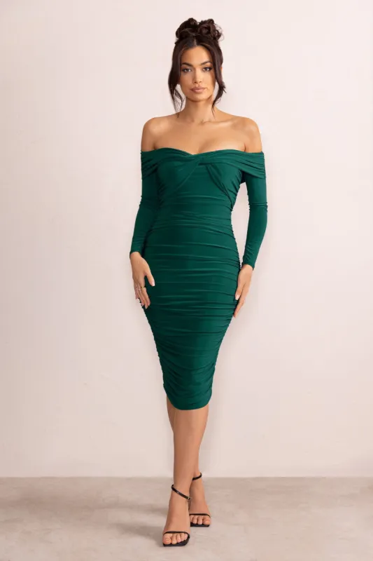 Lulu | Bottle Green Twist Front Bardot Midi Dress With Sleeves sold by Club L London