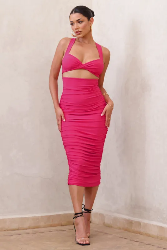 Embody | Hot Pink Cut Out Twist Front Ruched Midi Dress sold by Club L London
