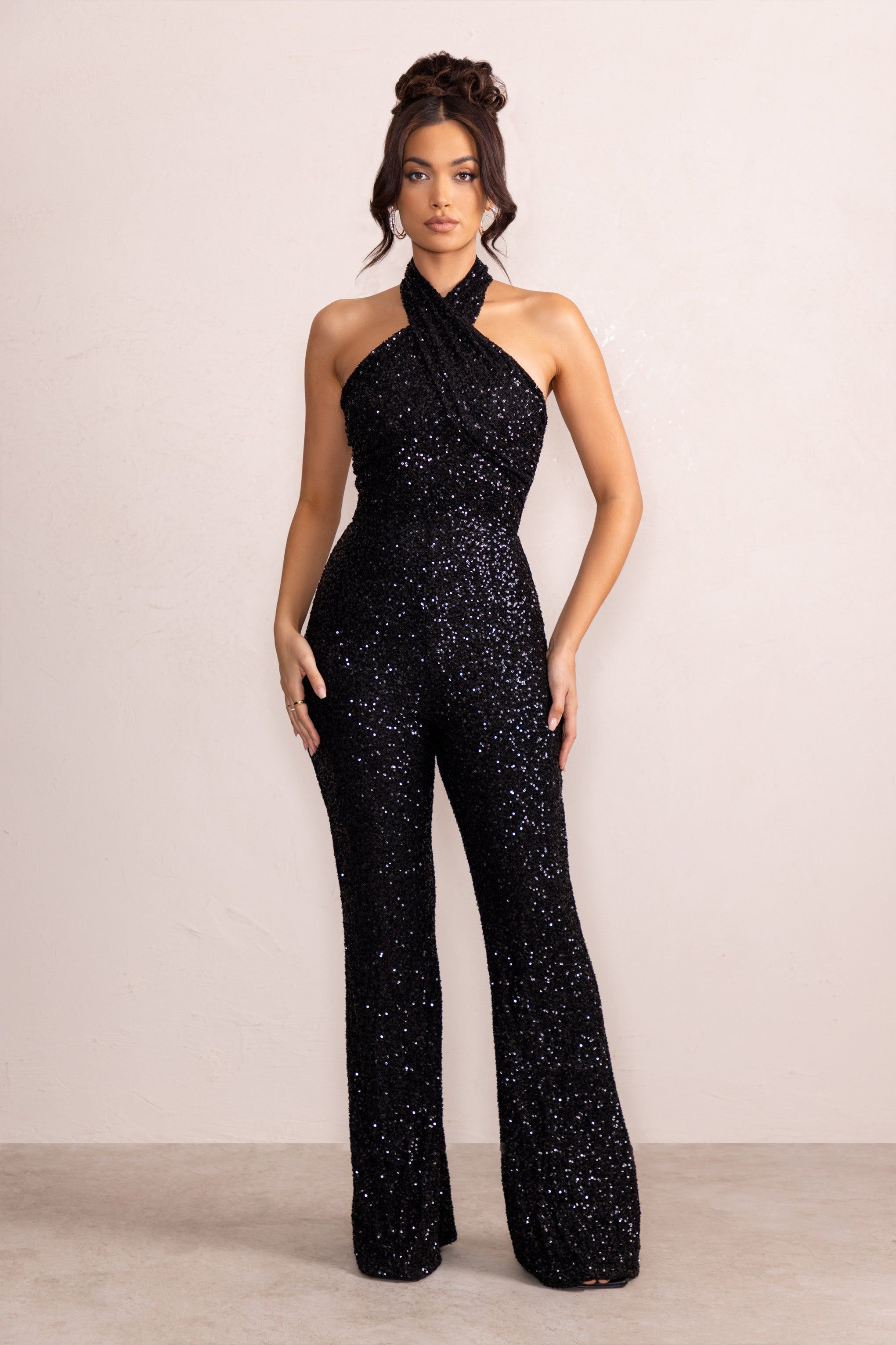 Josie | Black Sequin Halter Neck Flare Jumpsuit sold by Club L London