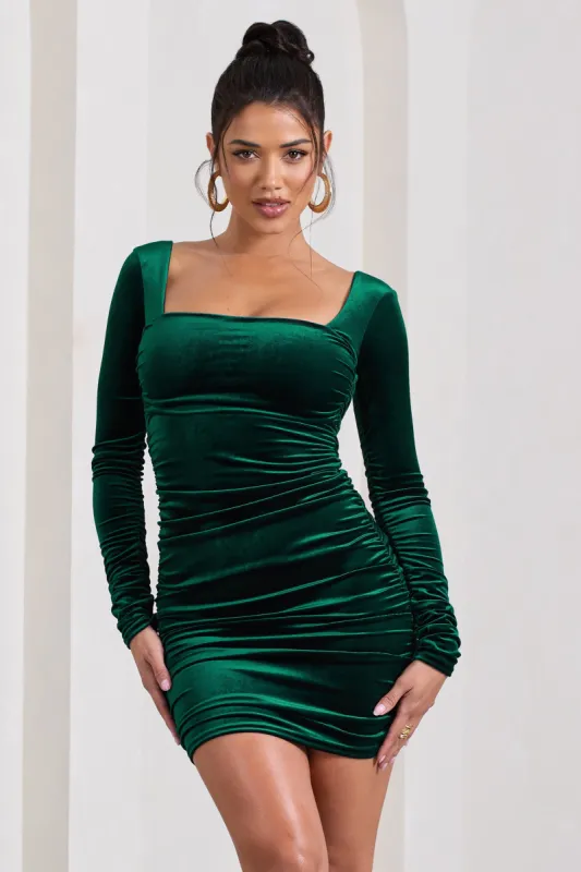 Muse | Bottle Green Velvet Long Sleeve Square Neck Ruched Mini Dress sold by Club L London