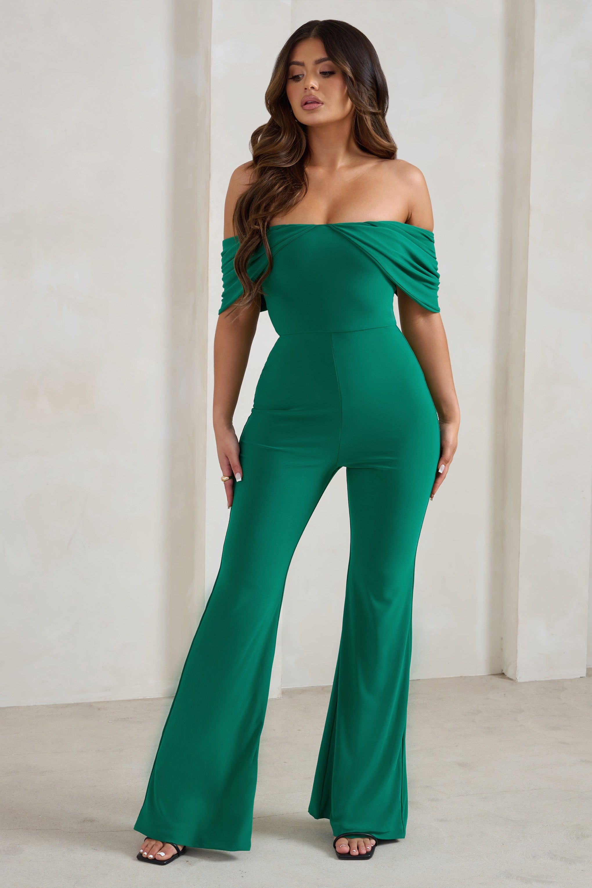 Bonnie | Green Bardot Drape Sleeve Jumpsuit sold by Club L London product image thumbnail 4