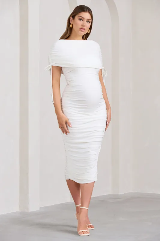 Roxanne | White Ruched Bardot Maternity Midi Dress sold by Club L London