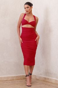 Embody | Red Cut Out Twist Front Ruched Midi Dress sold by Club L London