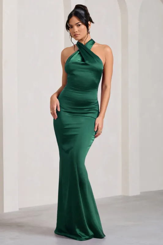 Unstoppable | Bottle Green Satin Cross Over Halterneck Maxi Dress sold by Club L London