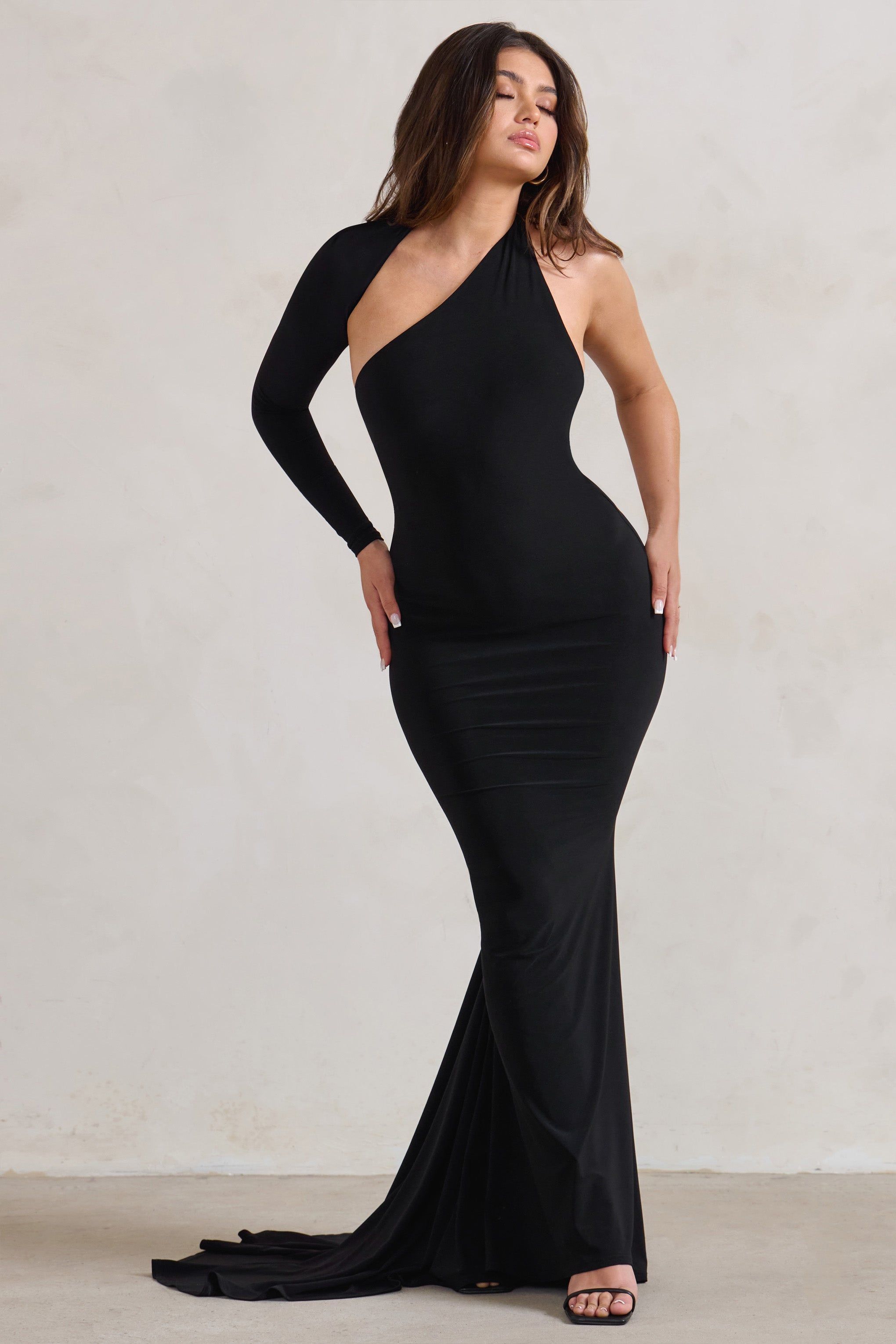 Katarina | Black One Shoulder Fishtail Maxi Dress sold by Club L London