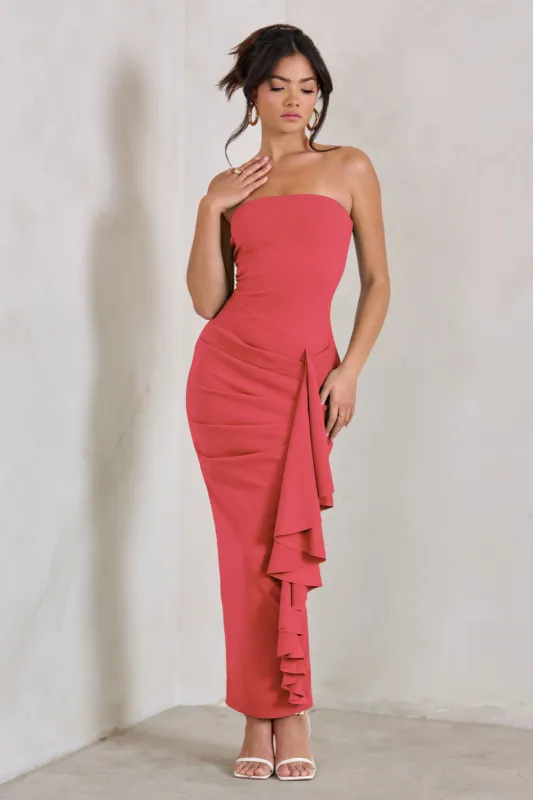 Fleur | Coral Bandeau Ruffle Maxi Dress sold by Club L London