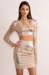 Aftermath | Champagne Sequin Crop Top sold by Club L London