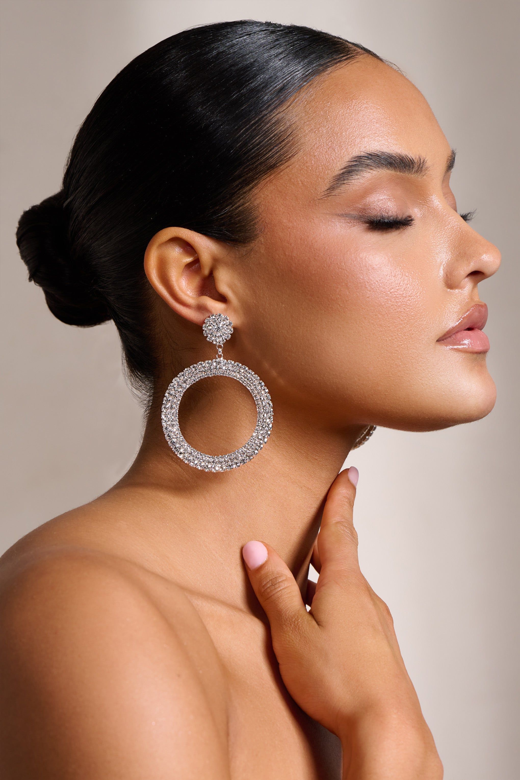 Aimee | Silver Diamante Hoop Drop Earrings sold by Club L London