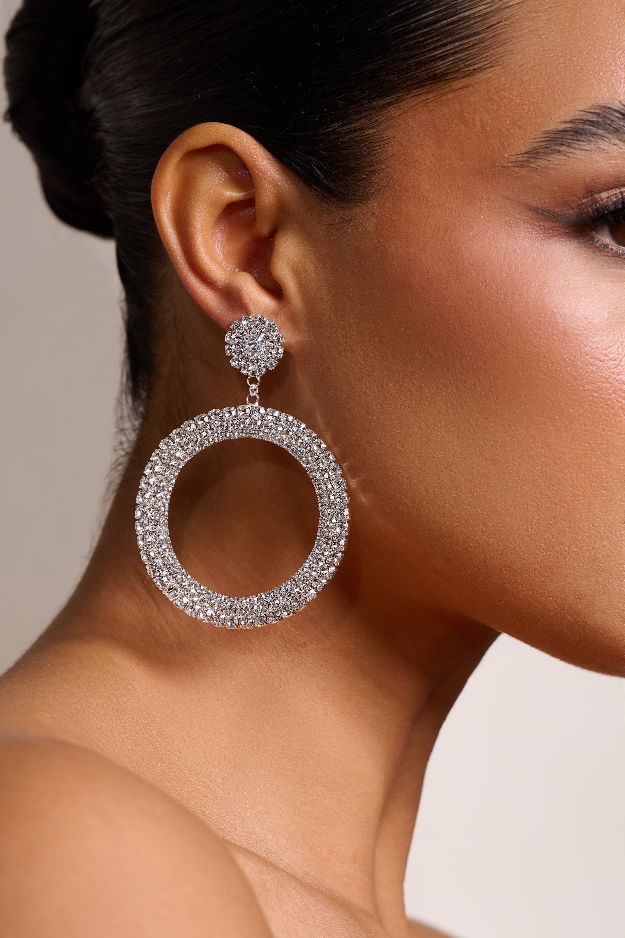 Aimee | Silver Diamante Hoop Drop Earrings sold by Club L London product image thumbnail 2