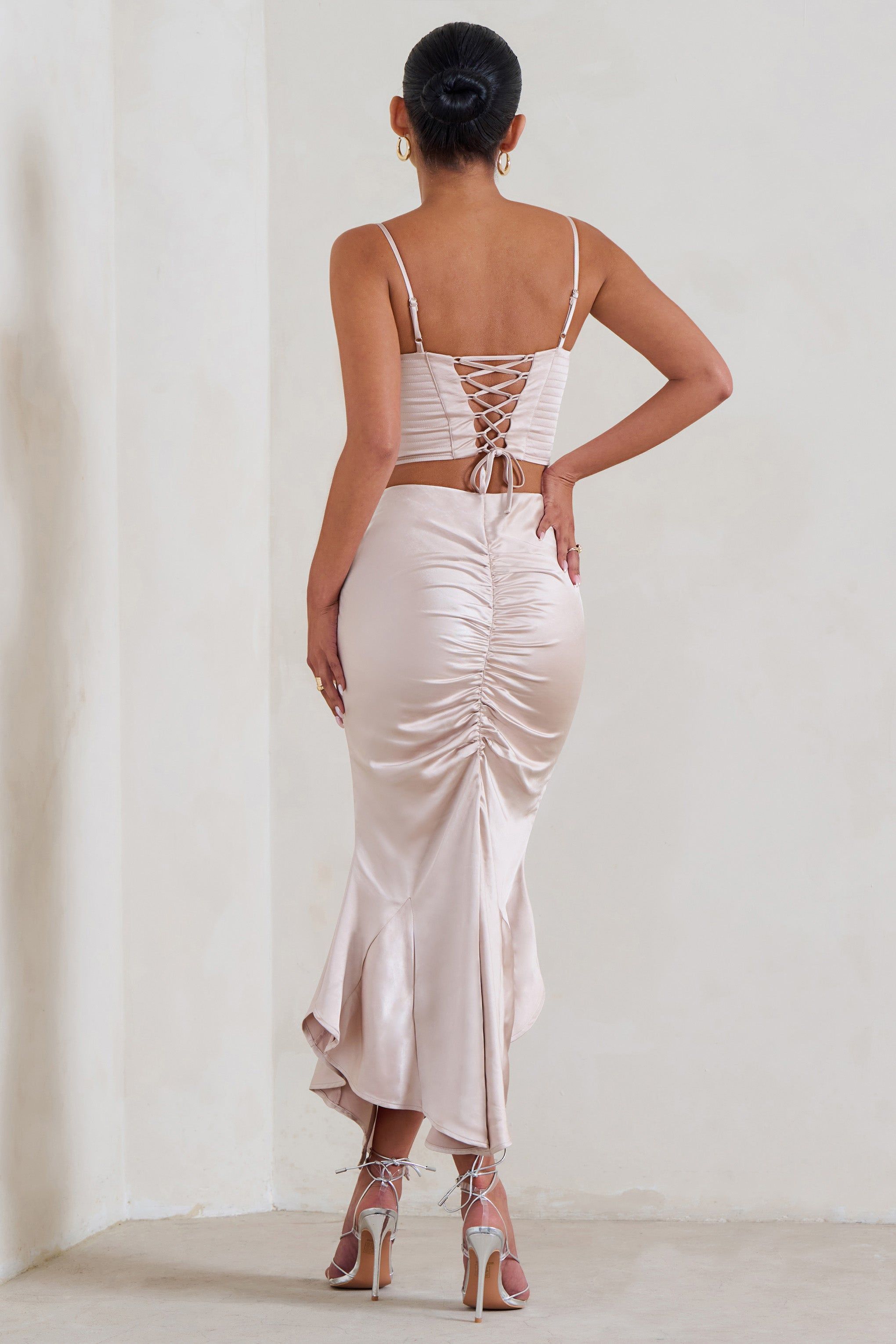Per Favore | Champagne Satin Ruched Split Maxi Skirt sold by Club L London product image thumbnail 3