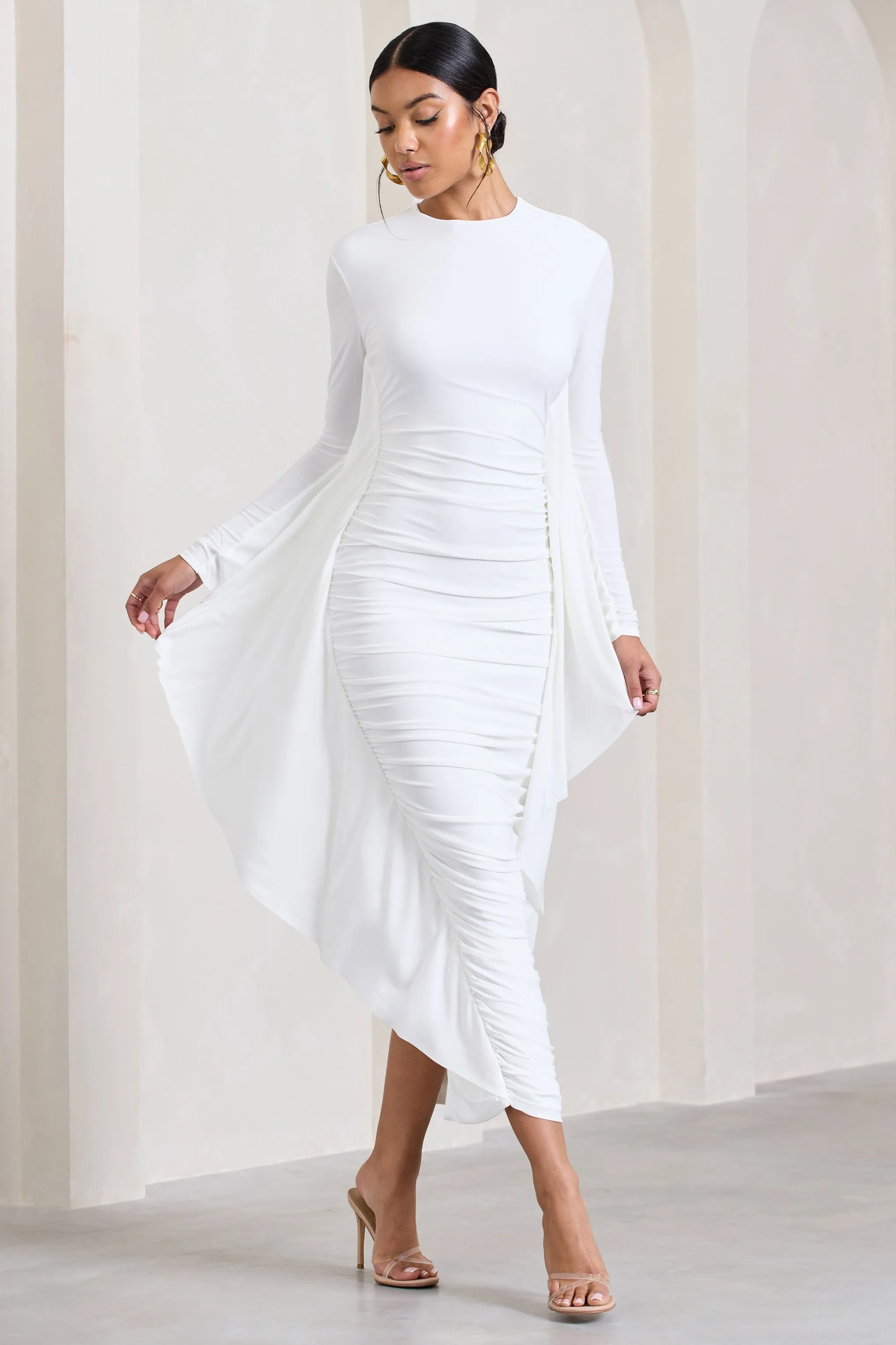 Keva | White Long Sleeve Ruched Maxi Dress with Cape Detailing sold by Club L London