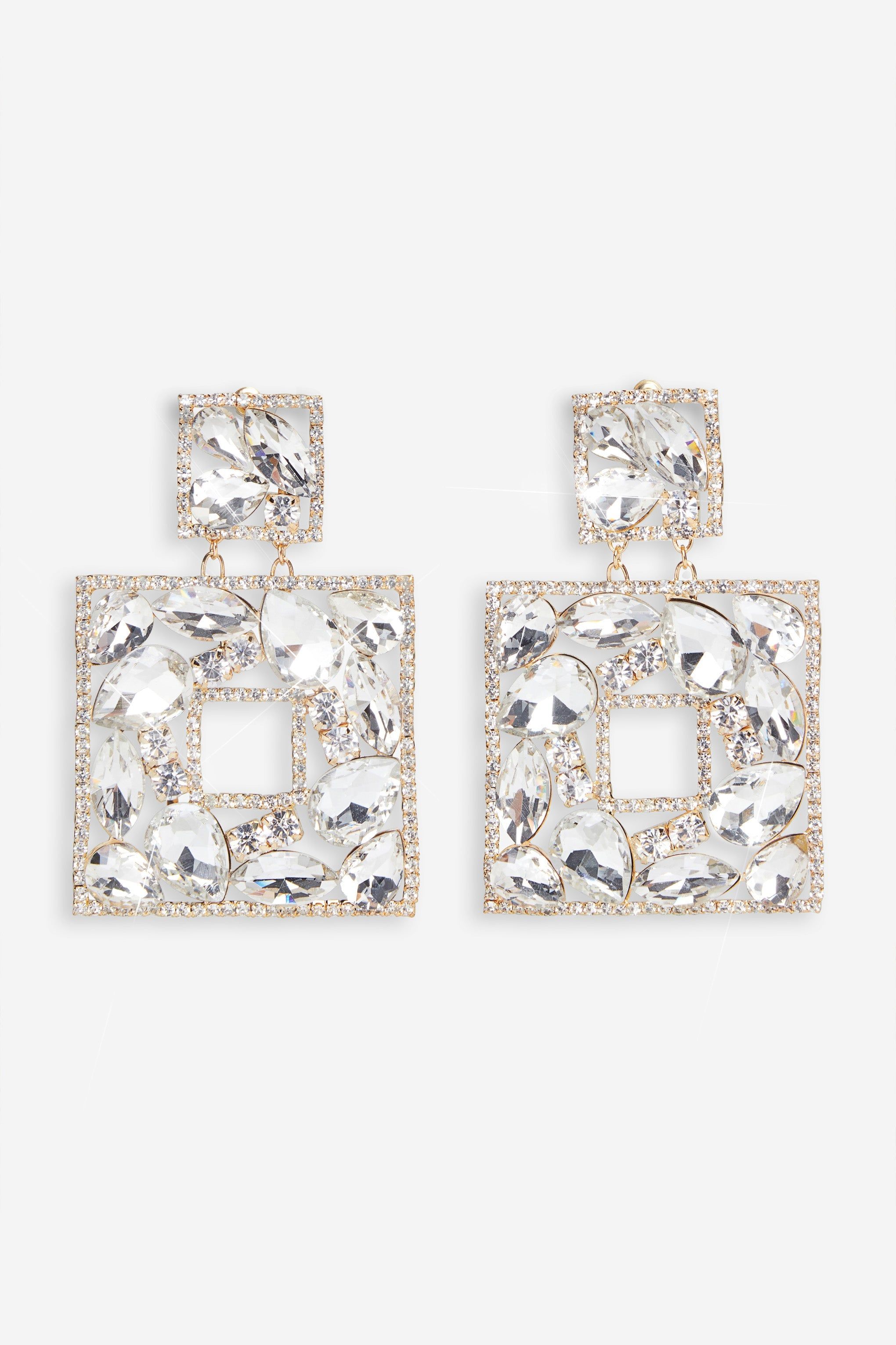 Beth | Gold Diamante Square Drop Earrings sold by Club L London