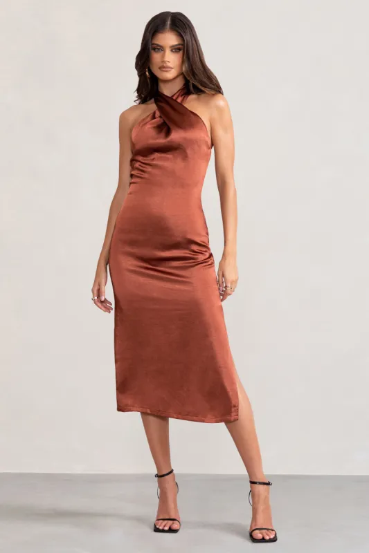 Dazzling | Rust Satin Cross Over Halter Neck Midi Dress sold by Club L London