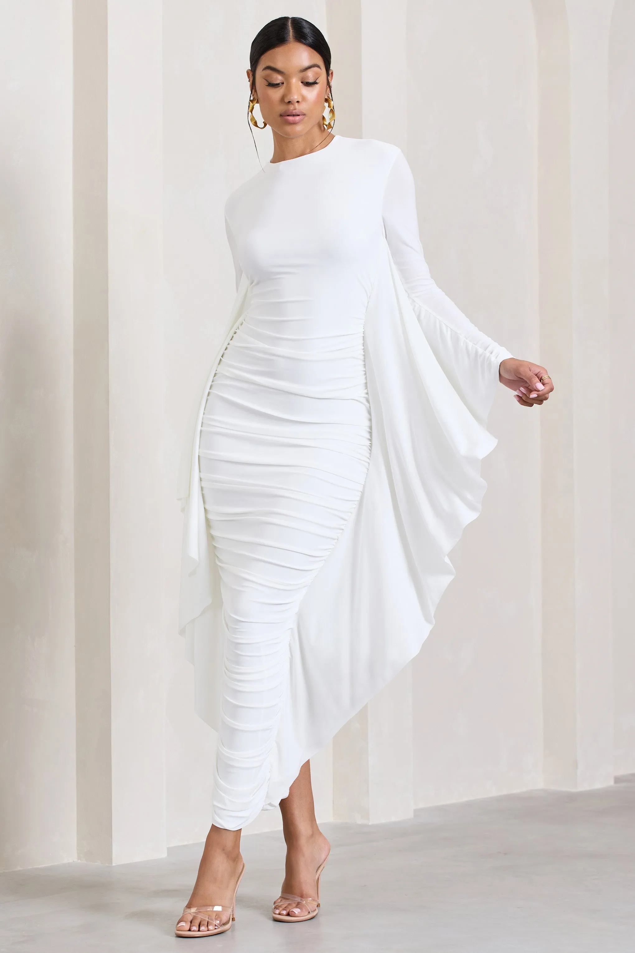 Keva | White Long Sleeve Ruched Maxi Dress with Cape Detailing sold by Club L London product image thumbnail 4