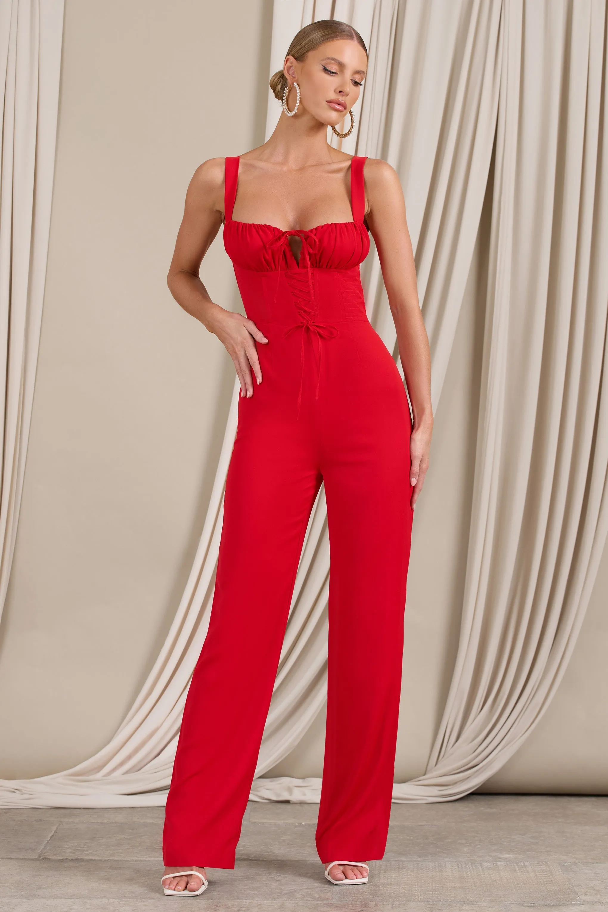 Nebbiolo | Red Strappy Laced Corset Jumpsuit sold by Club L London product image thumbnail 2