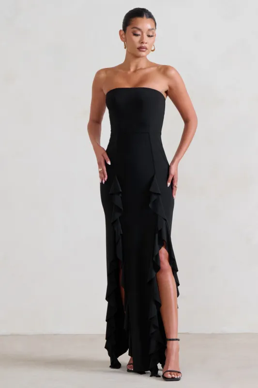 Susan | Black Bandeau Maxi Dress With Ruffled Splits sold by Club L London