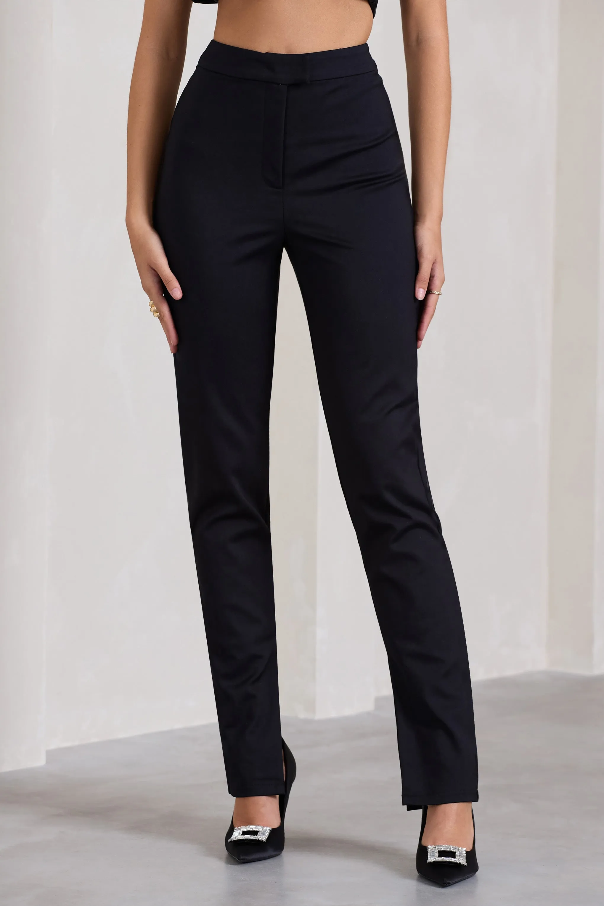 Walk That Walk | Black High-Waisted Flared-Leg Trousers sold by Club L London product image thumbnail 3