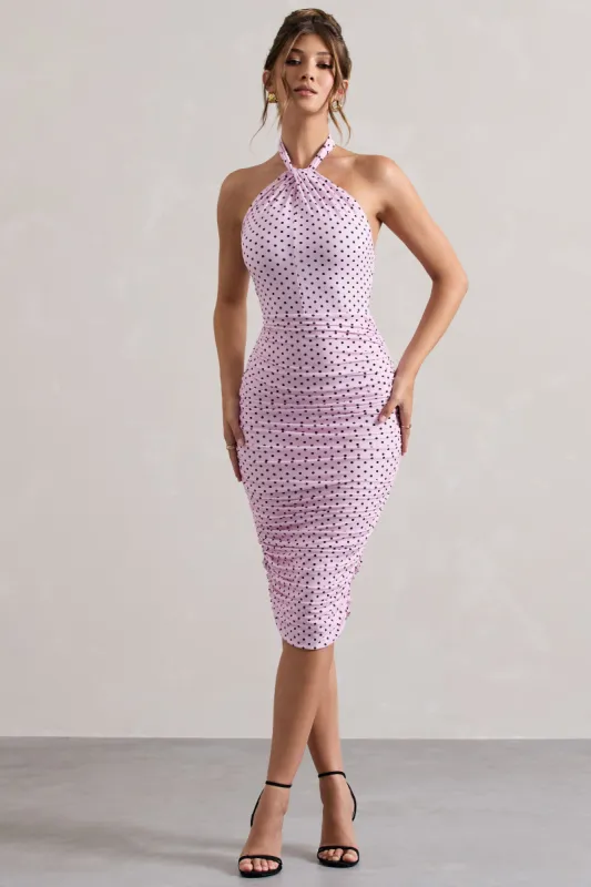 Serendipity | Pink Polka Dot Halter Neck Ruched Midi Dress sold by Club L London