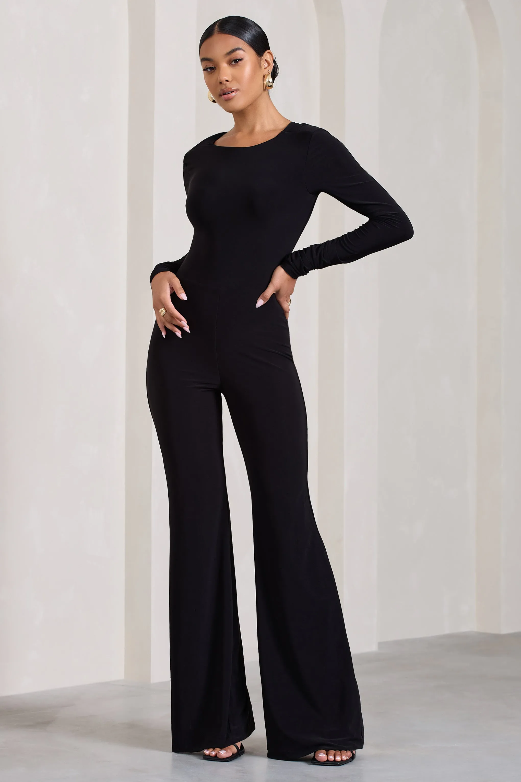 Lana | Black Long-Sleeved Flared-Leg Jumpsuit sold by Club L London product image thumbnail 4